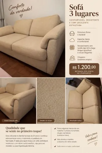 Sofá 3 Lugares em Linho Bege - Muito Confortável