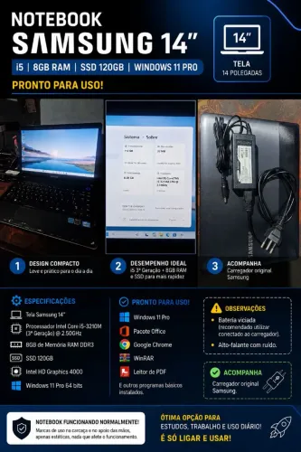 Notebook Samsung i5 3a - 8GB - 120GB SSD