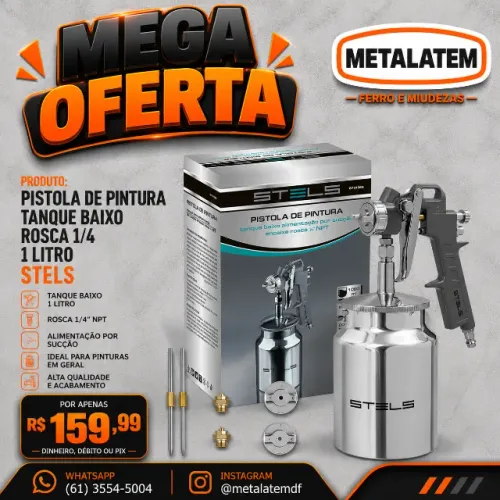 Pistola de Pintura com Tanque Baixo 1 Litro Rosca 1/4" - Stels