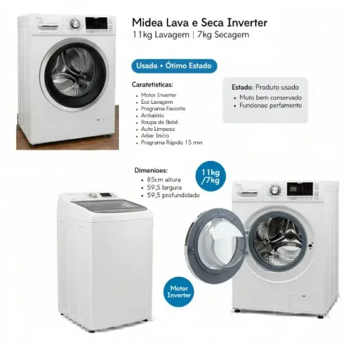 Lava e Seca Midea 11kg / 7kg Inverter - Ótimo Estado