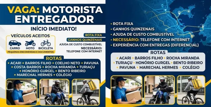 Vaga para entregador/motoboy/ciclista/motorista.