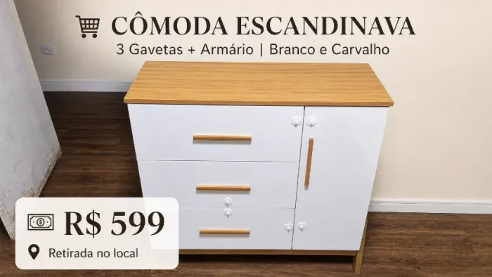 Cômoda Estilo Escandinavo ? 3 Gavetas + Armário ? Branco e Carvalho