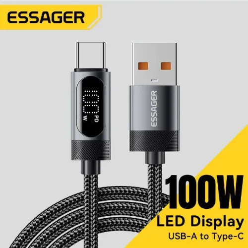 Cabo Essager 100W USB-C c/ Display LED em Tempo Real - Novo / Reforçado