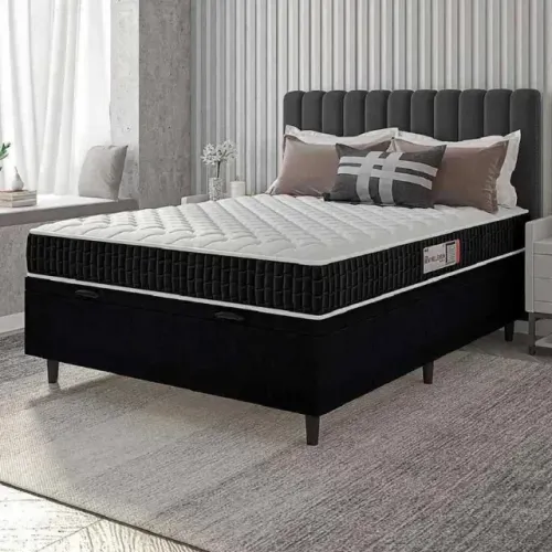 Colchão Casal Molas Ensacadas Preto/Branco e Cama Box Baú cor Preto
