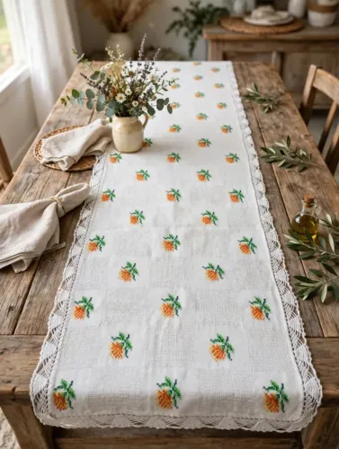 Trilho de Mesa Bordado Ponto Cruz com bico de Crochê