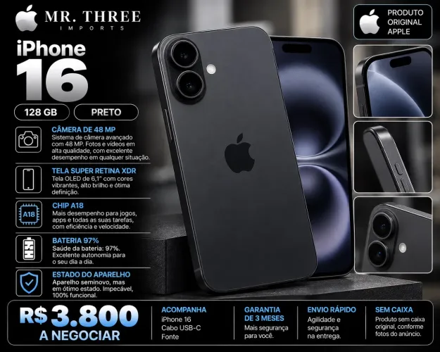 iPhone 16 128GB Preto | Bateria 97% | Seminovo Impecável