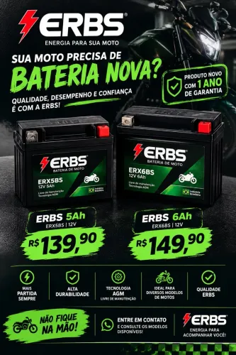  Bateria de Moto ERBS 5Ah e 6Ah Nova com 1 Ano de Garantia - A partir de R$ 139,90!