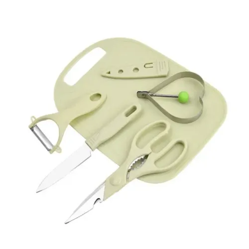 Kit de Utensílios de Cozinha 5 Peças Inox  - Faca Tesoura Descascador Egg Fryer Tábua Culi