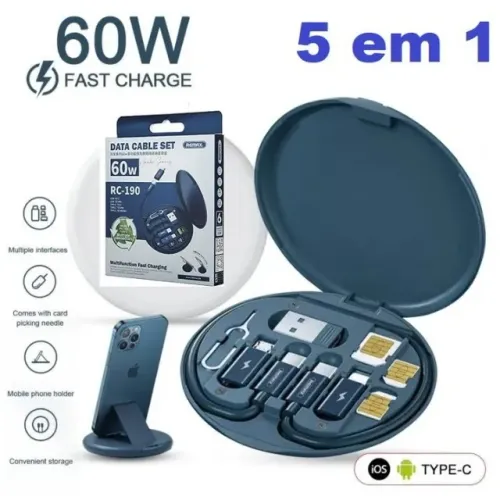  5 em 1 Estojo Cabo de Dados Adaptador Carregador 60W USB 