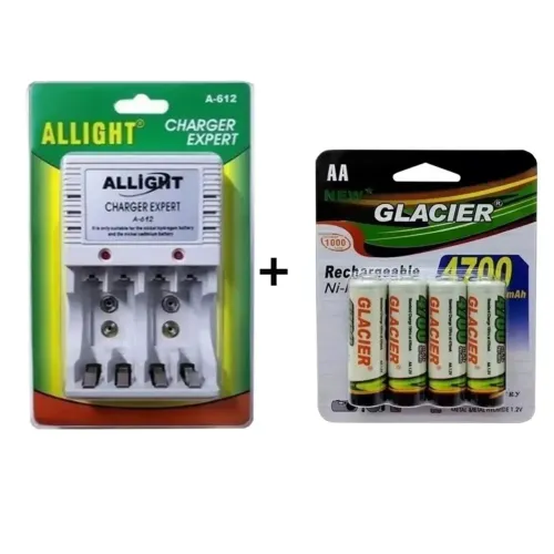 Kit Carregador e 4 Pilhas AA Recarregáveis