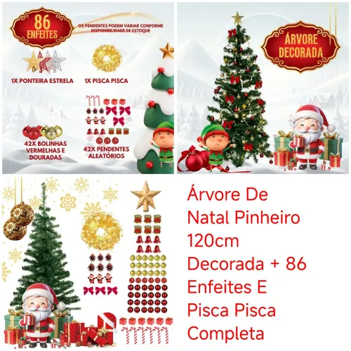 Árvore De Natal Pinheiro 120cm Decorada + 86 Enfeites E Pisca Pisca Completa