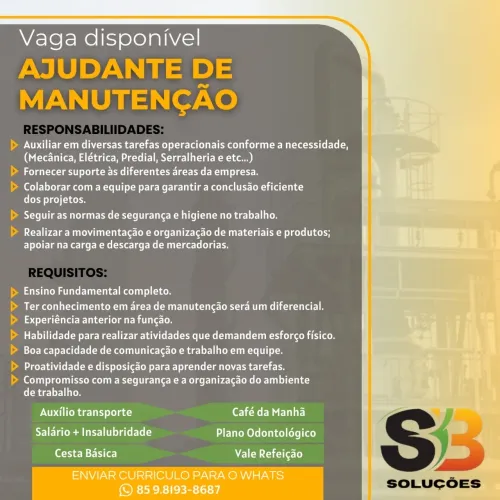 Vaga Eletricista e Ajudante de Manutenção