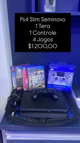 Seminovo: PS4 Slim / 1TB / 1 Controle / 4 Jogos / R$ 1.200,00