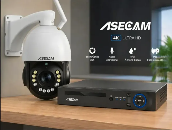 CÂMERA DE SEGURANÇA PROFISSIONAL 4K POE ASECAM 30X ÓTICO E NVR 8 CANAIS PROFISSIONAL 4K