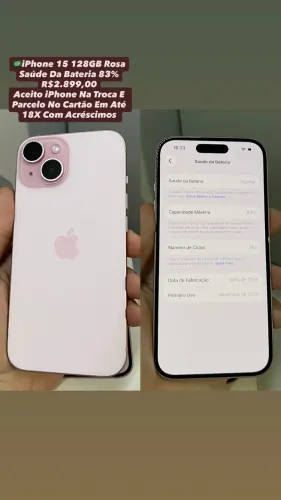 iPhone 15 128GB Rosa - Saúde Da Bateria 83% (Usado)