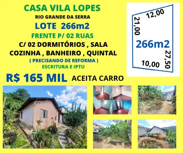 Casa 04 Cômodos wc, quintal Terreno 266m2 V. Lopes Rio Gde da Serra Escritura Aceita Carro