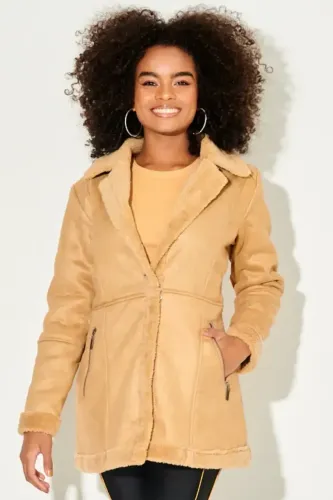 Sobretudo Feminino Suede Planet Girls Bege Médio