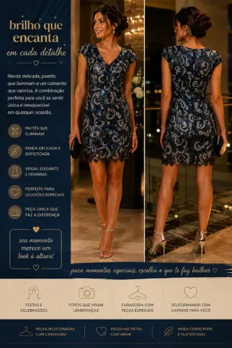 VESTIDO DE FESTA AZUL MARINHO COM PRATA COM RENDA E PAETÊS