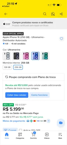 Iphone 16 256 GB bateria 100% com 4 meses de uso, parcelo ate 12 x no cartão de crédito