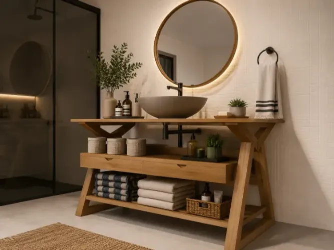 Bancada para Banheiro em Madeira Maciça 2 Gavetas.. L120cm x P45cm x 82cm. 