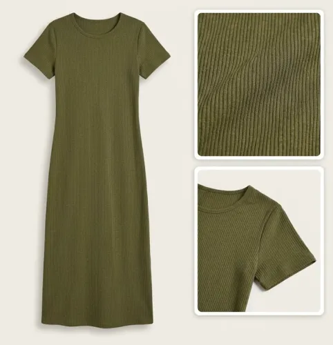 Vestido Midi Verde Oliva Canelado Manga Curta