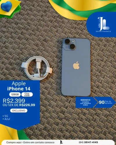 IPHONE 14, 5G, 128GB, CHIP ESIM, AZUL, SEMINOVO, EXCLUSIVO!
