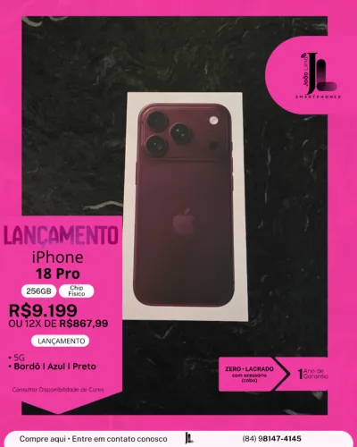 IPHONE 18 PRO, 5G, 256GB, CHIP FÍSICO, LACRADO, LANÇAMENTO!