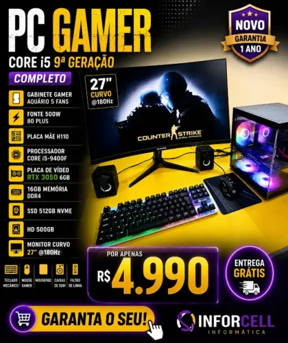 PC Gamer Core i5-9400F RTX 3050 16gb Ram Ssd 512gb Hd 500 Tela Curva 27 180Hz