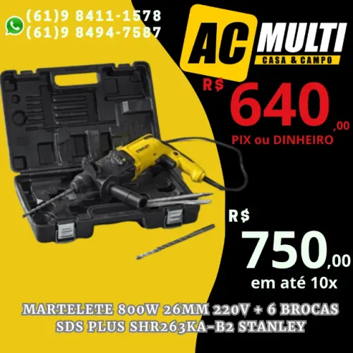 Martelete 800W 26mm 220V + 6 Brocas SDS Plus SHR263KA-B2 Stanley