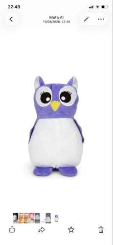 Coruja pelúcia fofa roxa e branca - olhos grandes