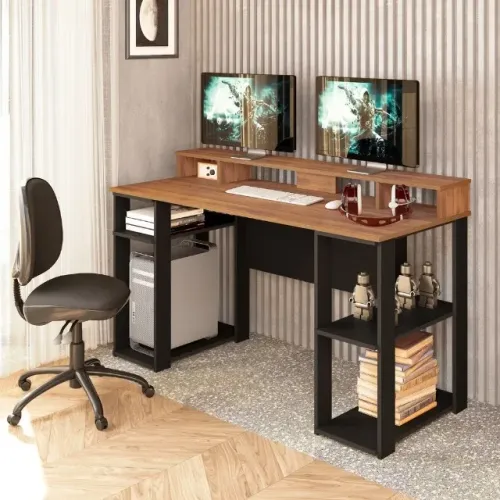 Escrivaninha Mesa Escritório Mesa Gamer Com Nichos Cordoba 140cm Yescasa Pinho E Preto