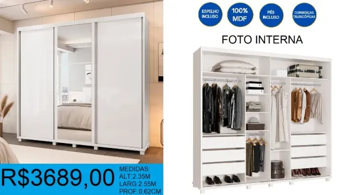 Roupeiro 100% mdf espelho incluso larg:2,55m - à pronta entrega