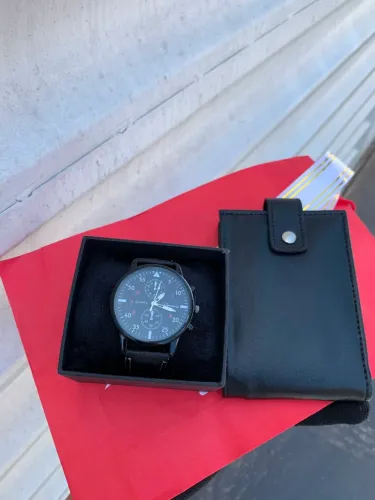 Kit relógio + carteira + embalagem de presente