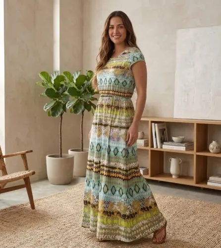 Vestido Longo tamanho g Acinturado Estampa Ètnica Geométrica