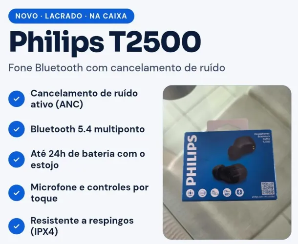 Fone Philips T2500 Bluetooth com cancelamento de ruído, novo lacrado