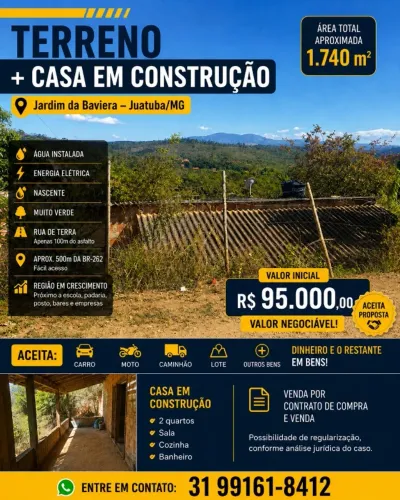Terreno 1.740m² | Casa em Construção | Água, Luz e Nascente Próximo à BR-262 | R$ 95 Mil