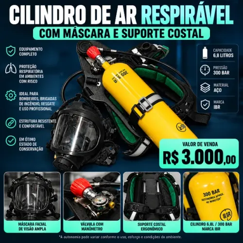Cilindro de Ar Respirável IBR 300 Bar 6,8L com Máscara e Suporte Costal Completo