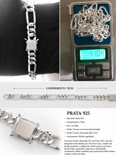 Corrente 3x 1 masculina prata 925