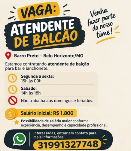 Vaga de atendente bar e lanchonete