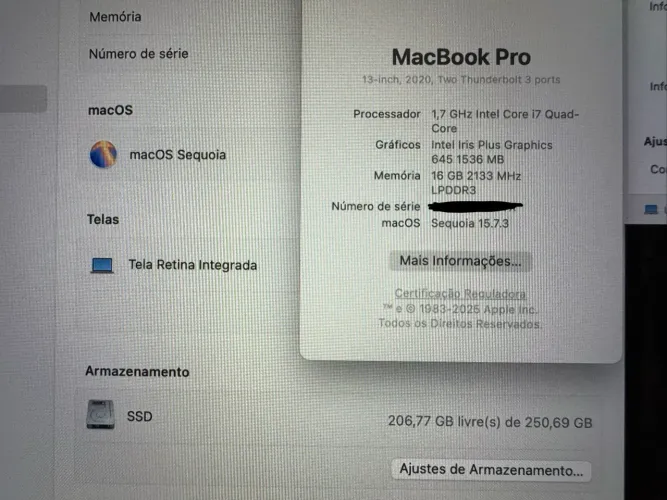 MacBook Pro 13? 2020 | i7 | 16GB | SSD 256GB | Impecável