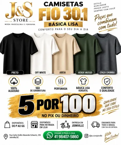 CAMISETAS FIO 30.1 ? 5 POR R$ 100!