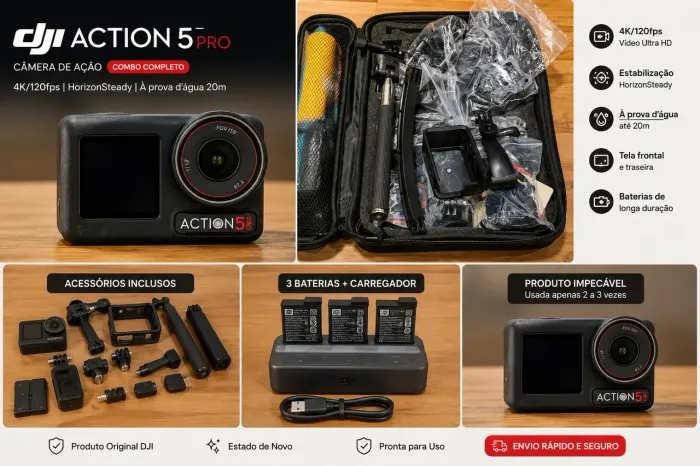 DJI Action 5 Pro Original + 3 Baterias + Carregador + Acessórios | Impecável