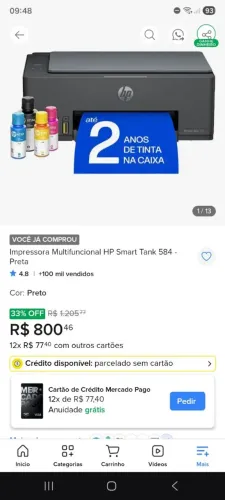 Impressora HP Smart Tank 584 - Imprime até 6000 páginas!