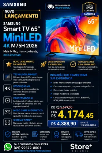 LANÇAMENTO 2026! Smart TV Samsung 65" MiniLED 4K M75H com IA
