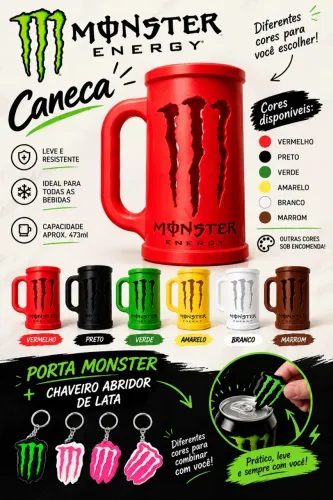 Porta copo Monster 473ml + chaveiro abridor de lata