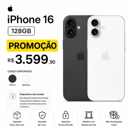 Apple Iphone 16 128GB 6,1" 48MP iOS 5G 1 Ano de Garantia Sem Ativação Open Box