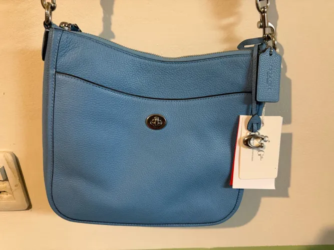 Bolsa Coach Turnlock Crossbody Azul em Couro Texturizado