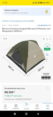 Barraca camping para 6 pessoas