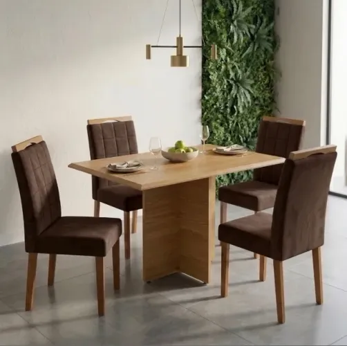 Conjunto de Jantar Ravena 4 Lugares Imbuia Mel com Cadeiras Veludo Marrom