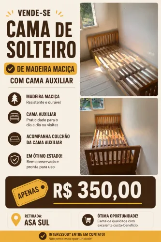 Cama de solteiro com cama auxilia - madeira maciça